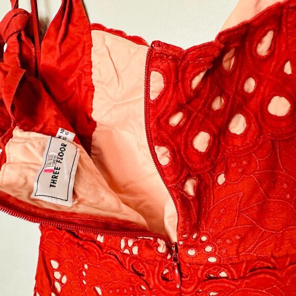 THREE FLOOR Damsel Sweetheart Burnt Orange Overlay Tie Shoulder Eyelet Dress 6 - Picture 11 of 13